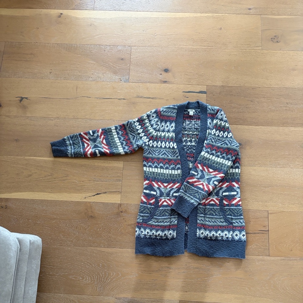 L.L. Bean Blue and Cream Fair Isle Open-Front Cardigan